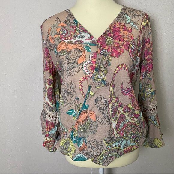 Spense Floral Paisley Colorful Boho Bell Sleeve Blouse Women's Size Small - Picture 5 of 16